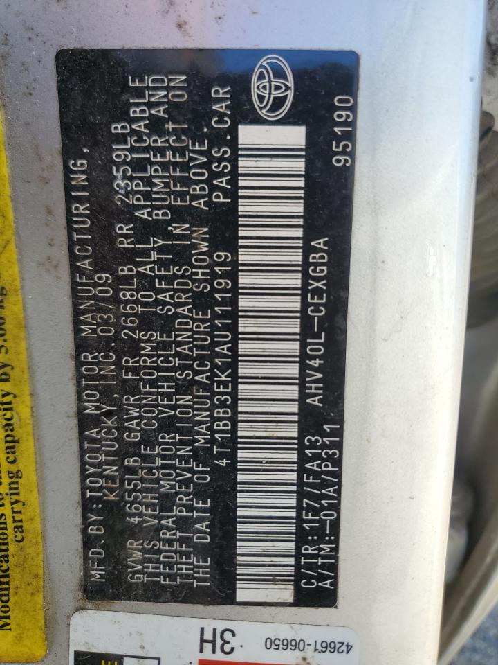 2010 Toyota Camry VIN 4T1BB3EK1AU111919 Copart auction photo, front end / side damage thumbnail 13
