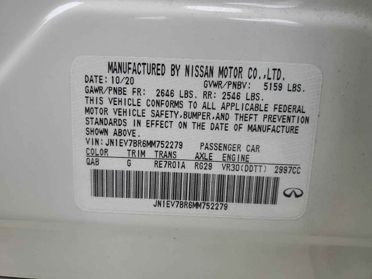 2021 Infiniti Q50 VIN JN1EV7BR6MM752279 Copart auction photo, vandalism damage thumbnail 12