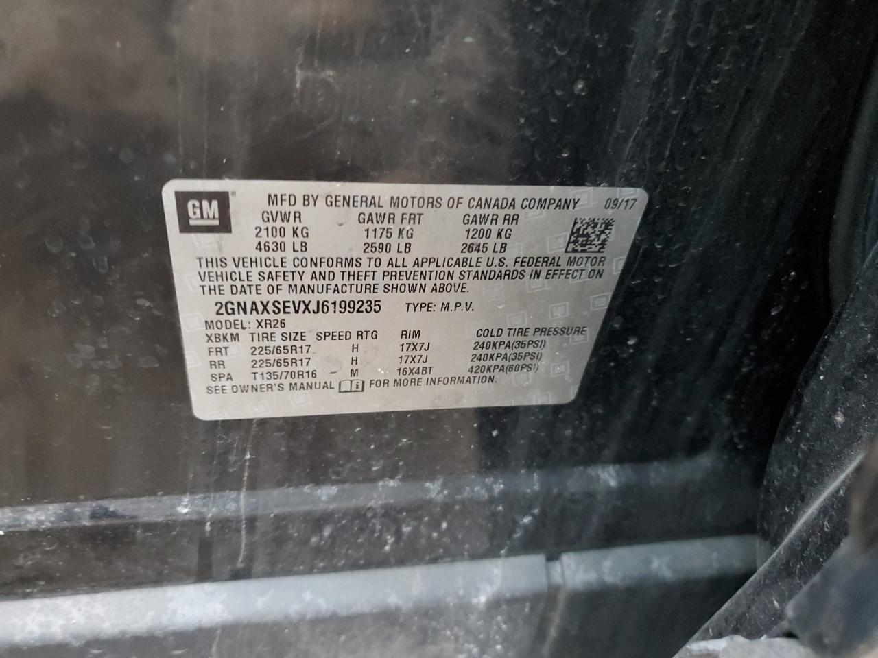 2018 Chevrolet Equinox VIN 2GNAXSEVXJ6199235 Copart auction photo, front end / side damage thumbnail 15