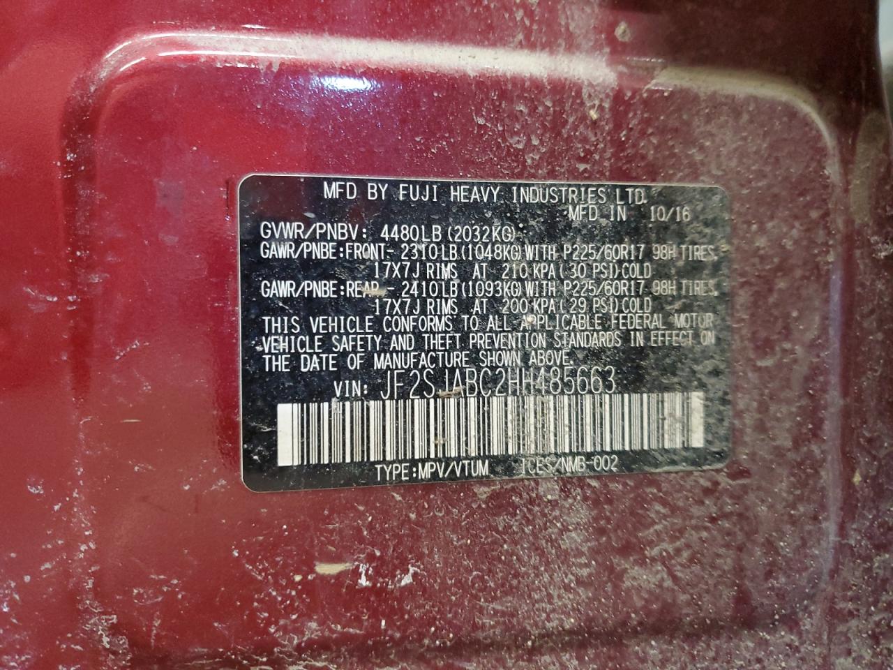 2017 Subaru Forester VIN JF2SJABC2HH485663 Copart auction photo, front end / side damage thumbnail 16