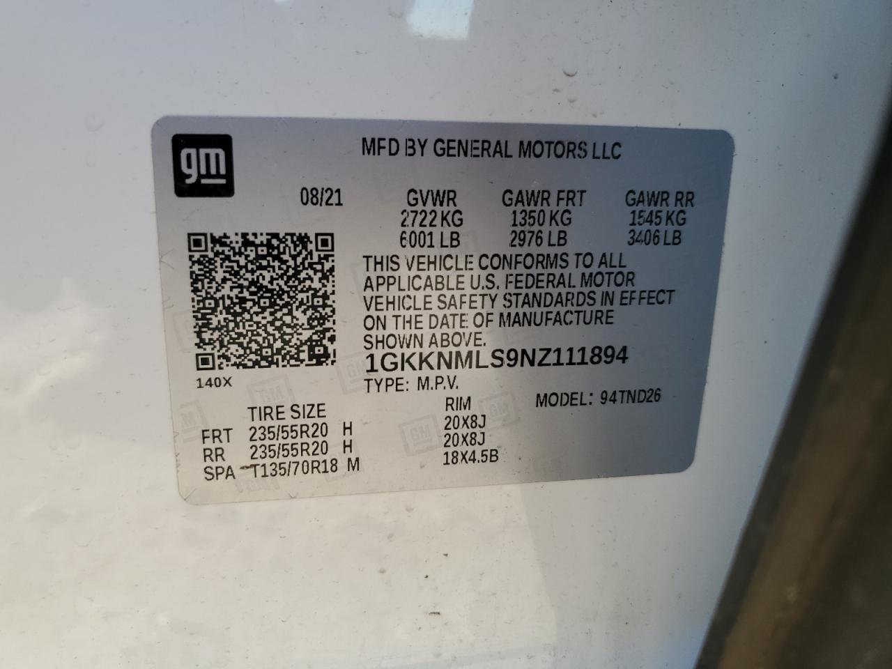 2022 GMC Acadia VIN 1GKKNMLS9NZ111894 Copart auction photo, front end damage thumbnail 14