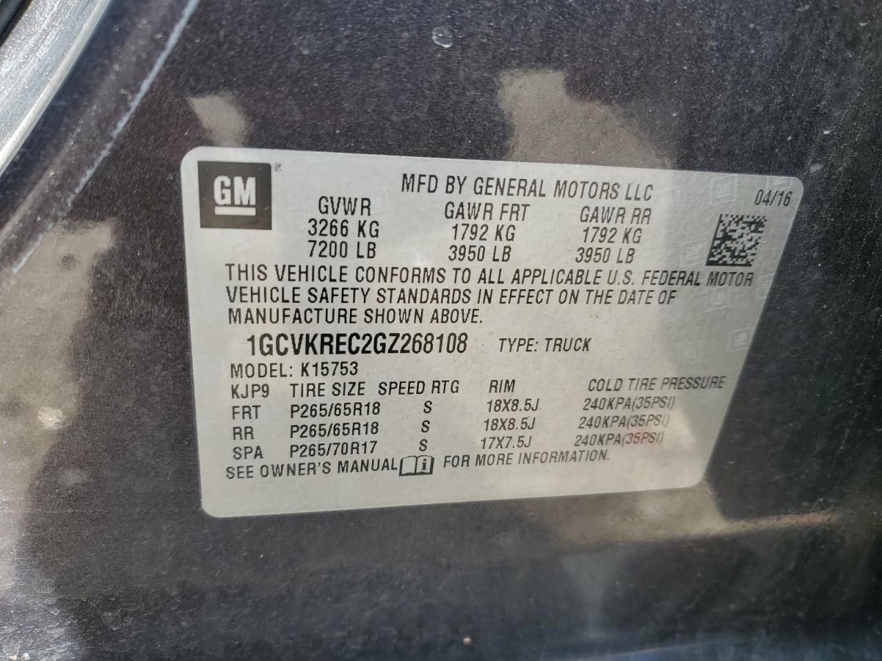 2016 Chevrolet Silverado VIN 1GCVKREC2GZ268108 Copart auction photo, front end / side damage thumbnail 12