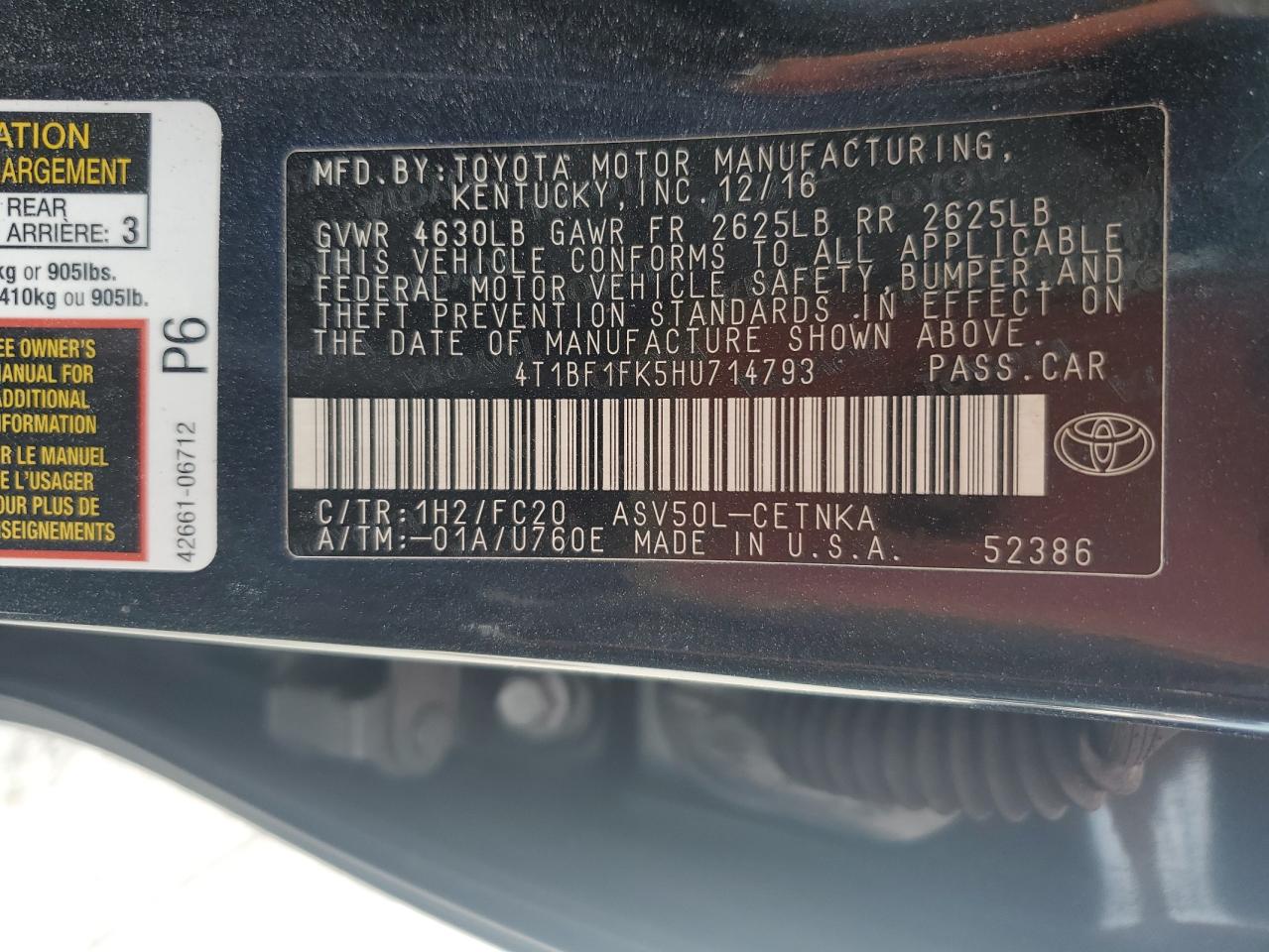 2017 Toyota Camry VIN 4T1BF1FK5HU714793 Copart auction photo, side damage thumbnail 12