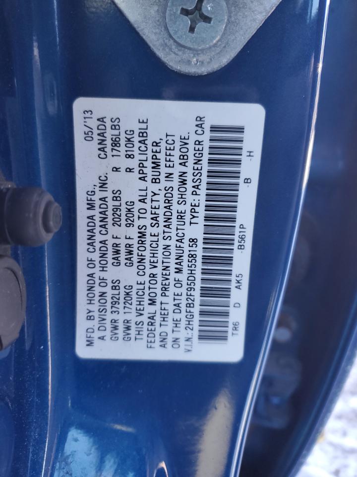 2013 Honda Civic VIN 2HGFB2F95DH558158 Copart auction photo, side / front end damage thumbnail 14