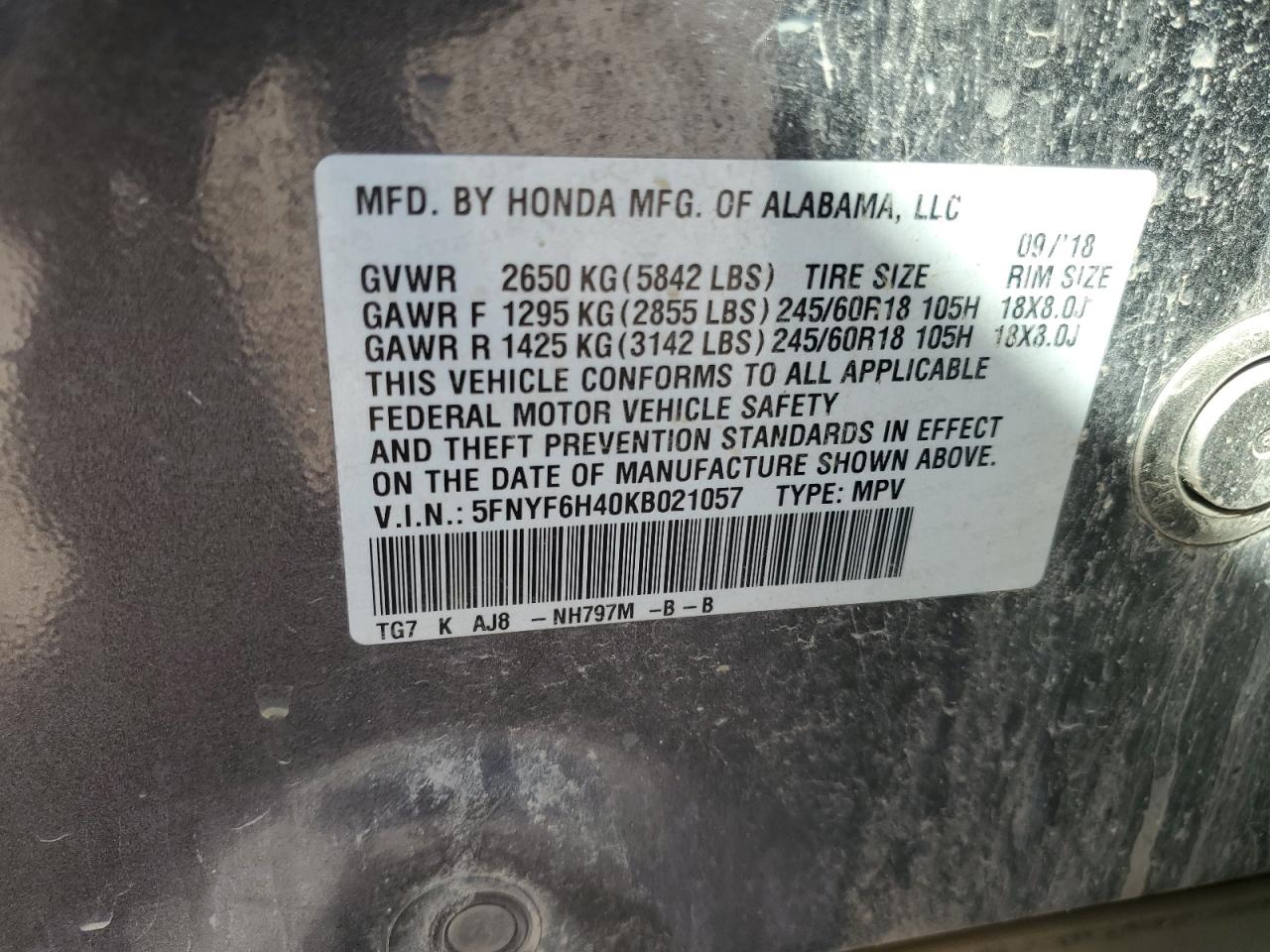 2019 Honda Pilot VIN 5FNYF6H40KB021057 Copart auction photo, front end / undercarriage damage thumbnail 15