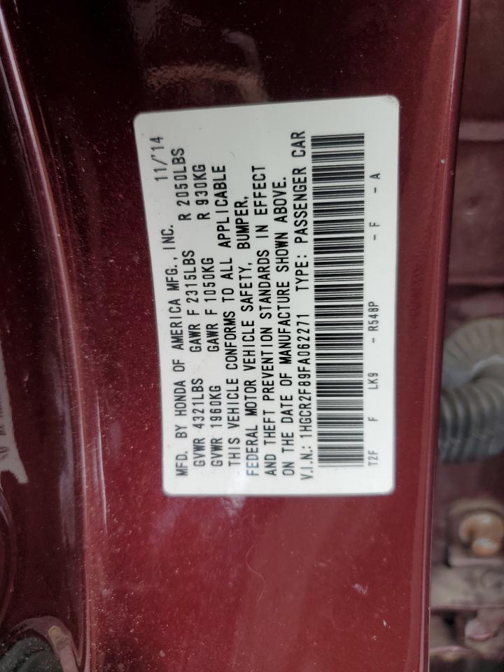 2015 Honda Accord VIN 1HGCR2F89FA062271 Copart auction photo, front end damage thumbnail 14