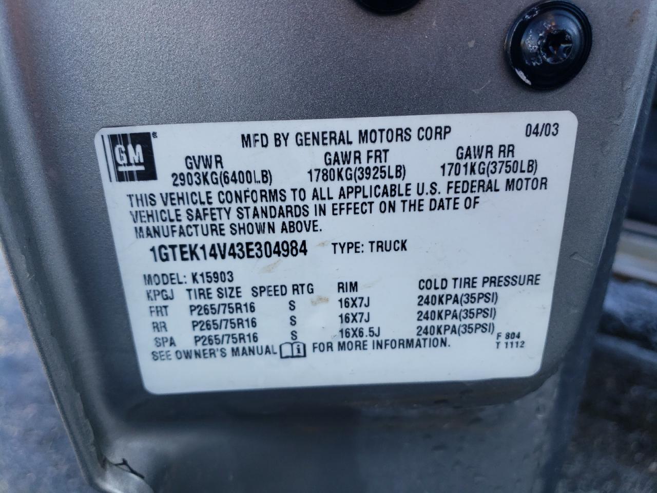 2003 GMC Sierra VIN 1GTEK14V43E304984 Copart auction photo, front end damage thumbnail 12