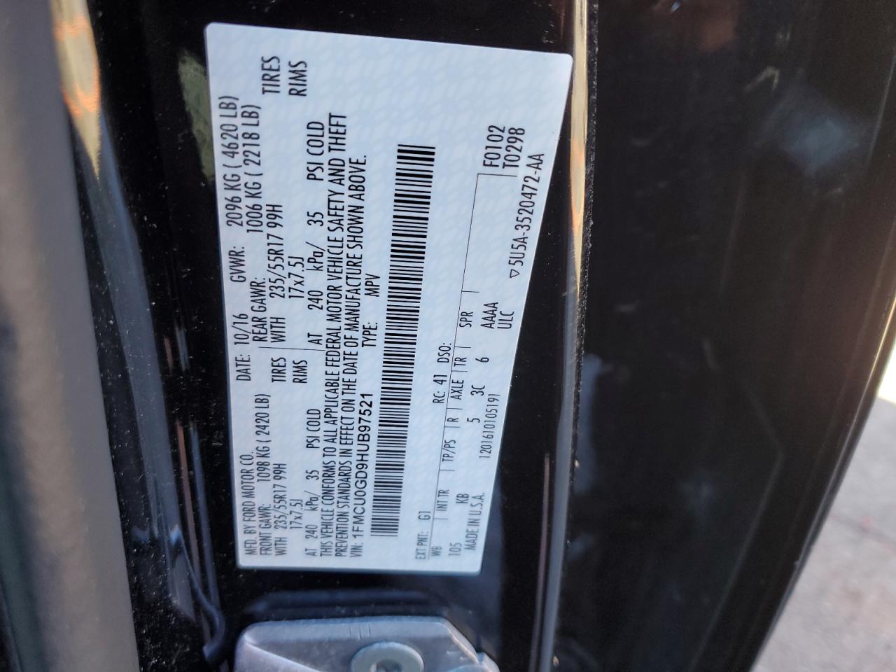 2017 Ford Escape VIN 1FMCU0GD9HUB97521 Copart auction photo, front end damage thumbnail 12
