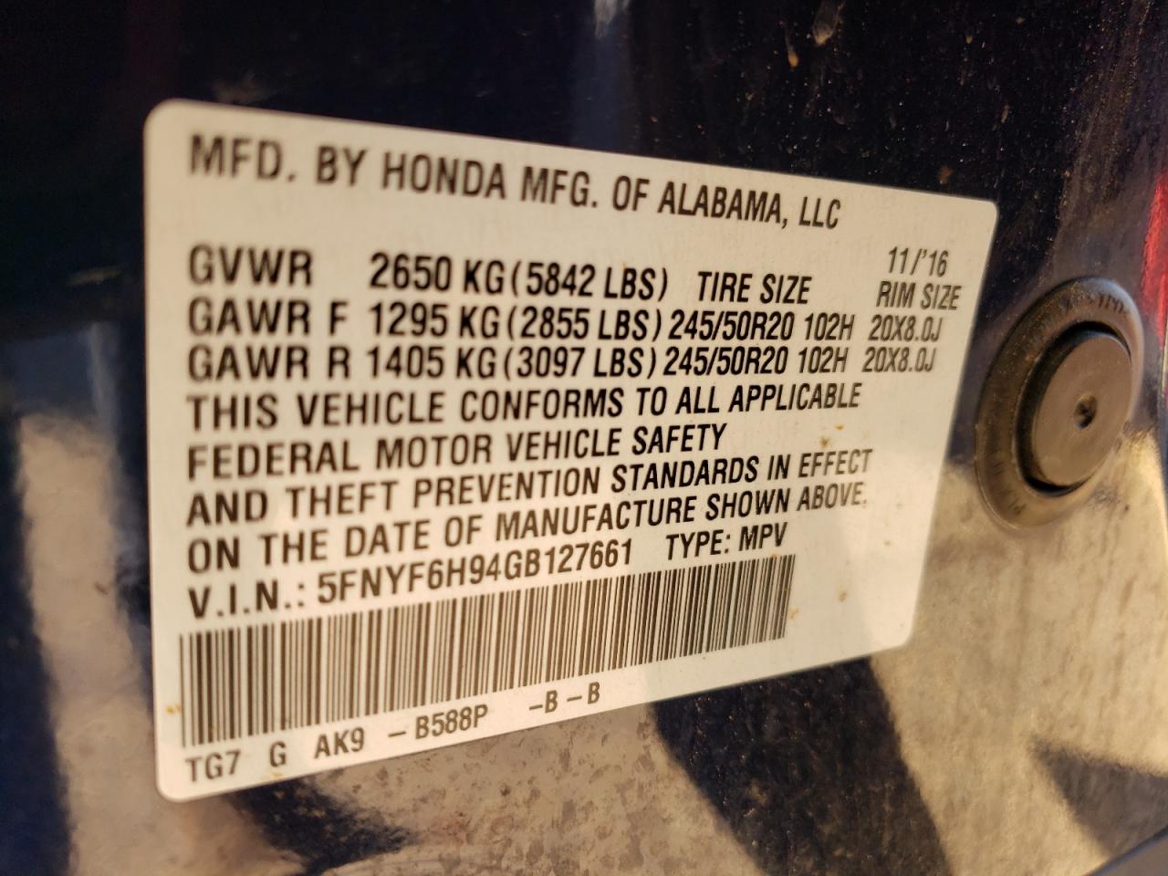 2016 Honda Pilot VIN 5FNYF6H94GB127661 Copart auction photo, front end damage thumbnail 15