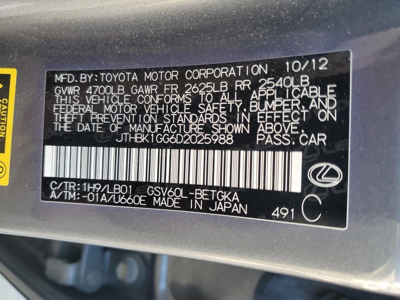 2013 Lexus ES VIN JTHBK1GG6D2025988 Copart auction photo, front end damage thumbnail 12