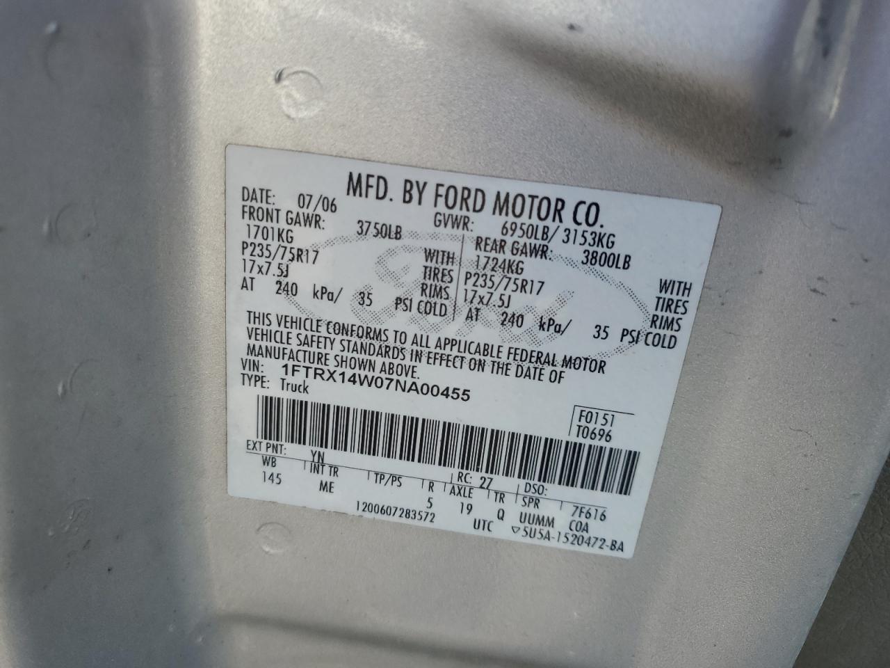 2007 Ford F-150 VIN 1FTRX14W07NA00455 Copart auction photo, burn damage thumbnail 13