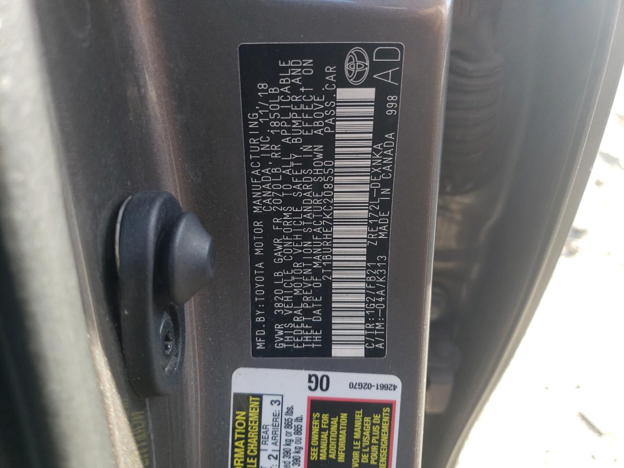 2019 Toyota Corolla VIN 2T1BURHE7KC208550 Copart auction photo, rear end damage thumbnail 12