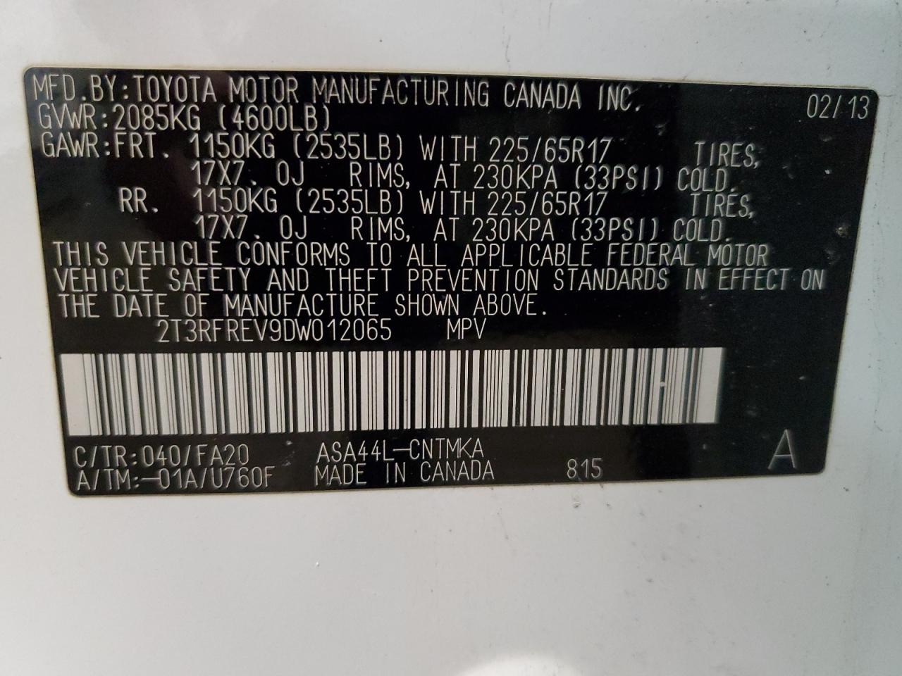 2013 Toyota RAV 4 VIN 2T3RFREV9DW012065 Copart auction photo, side / minor dent/scratches damage thumbnail 15