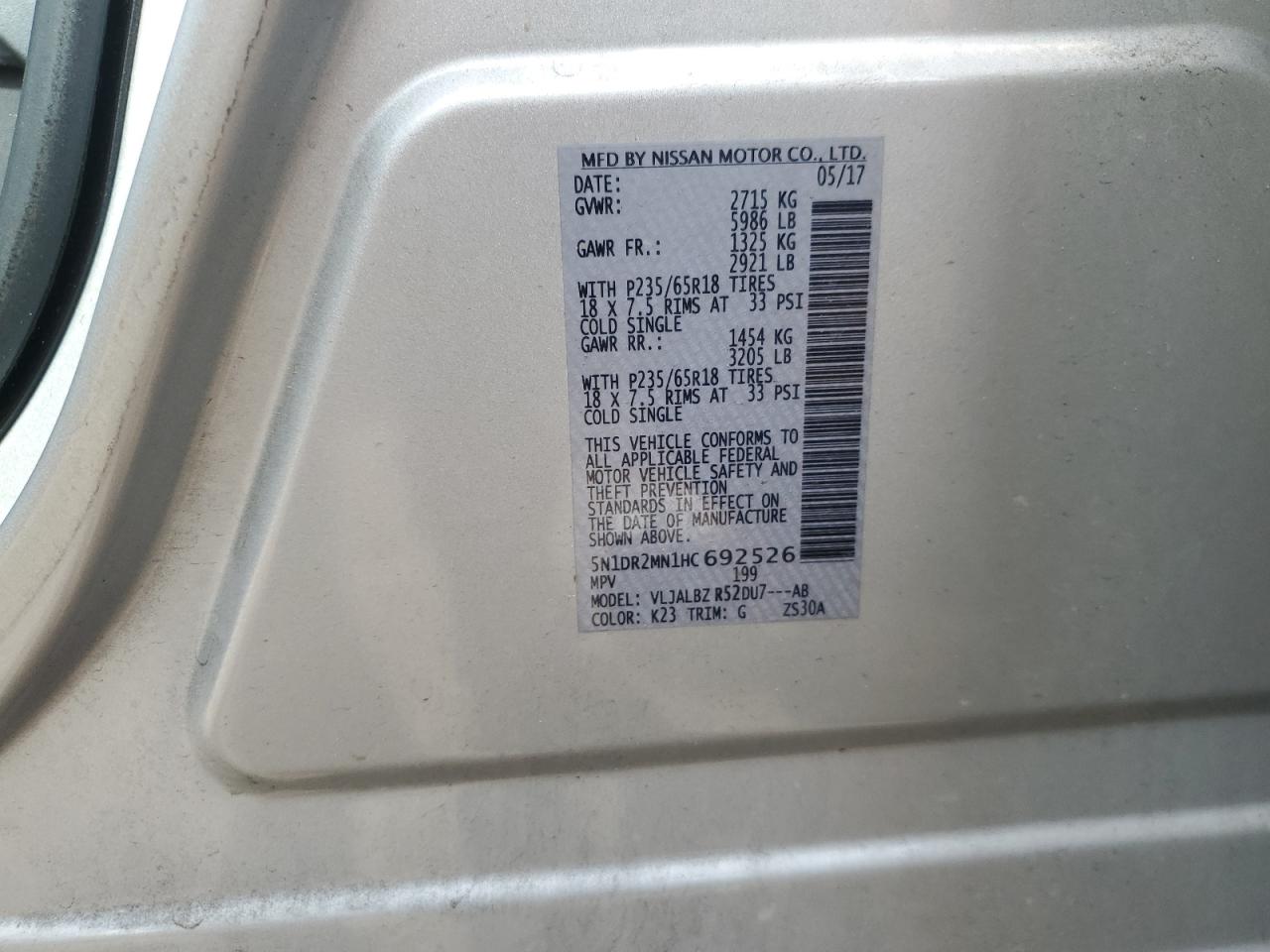 2017 Nissan Pathfinder VIN 5N1DR2MN1HC692526 Copart auction photo, front end damage thumbnail 14