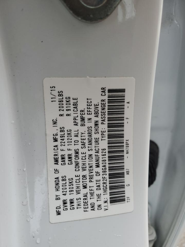 2016 Honda Accord VIN 1HGCR2F38GA081626 Copart auction photo, rear end damage thumbnail 12