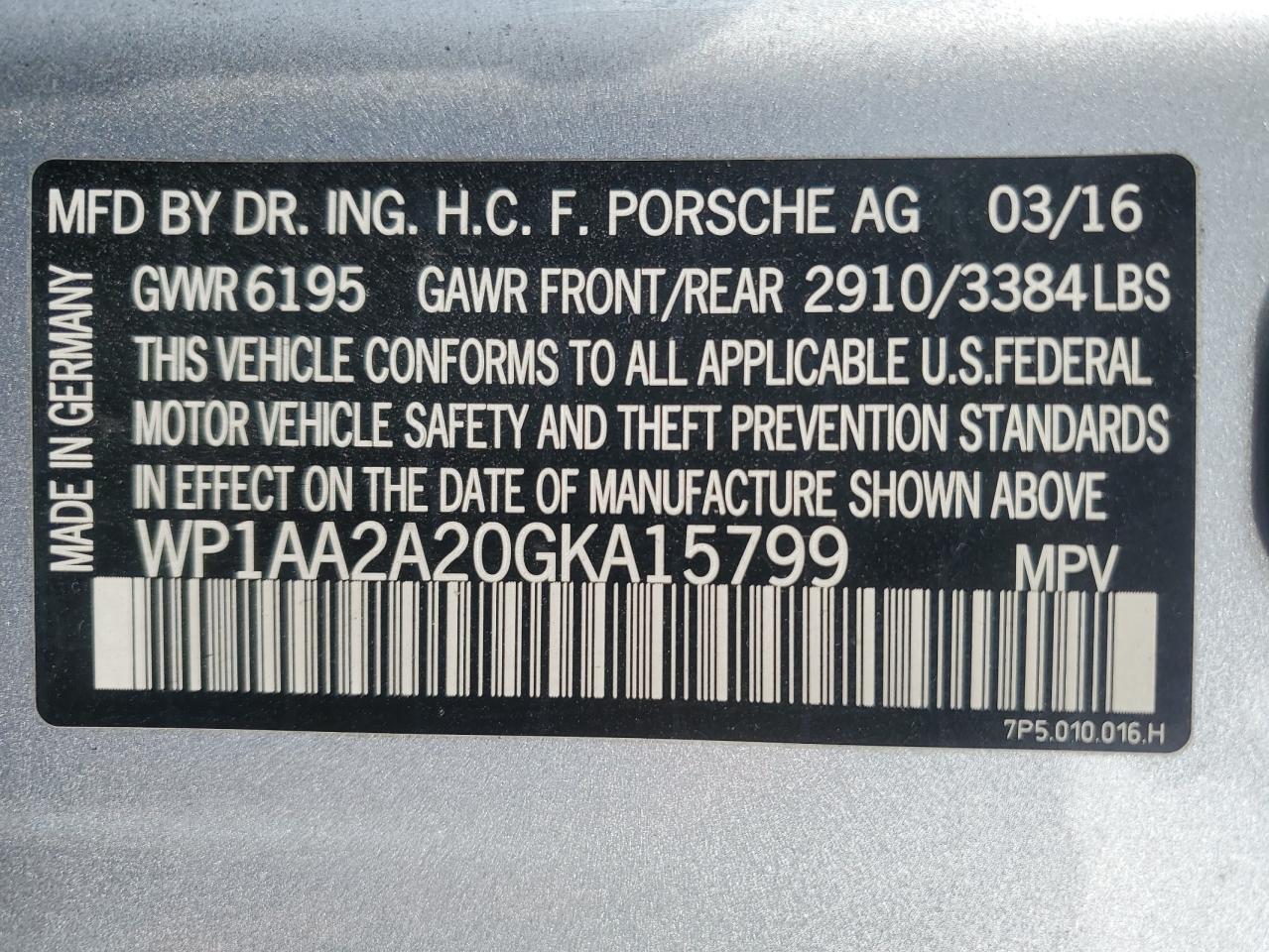 2016 Porsche Cayenne VIN WP1AA2A20GKA15799 Copart auction photo, all over damage thumbnail 15