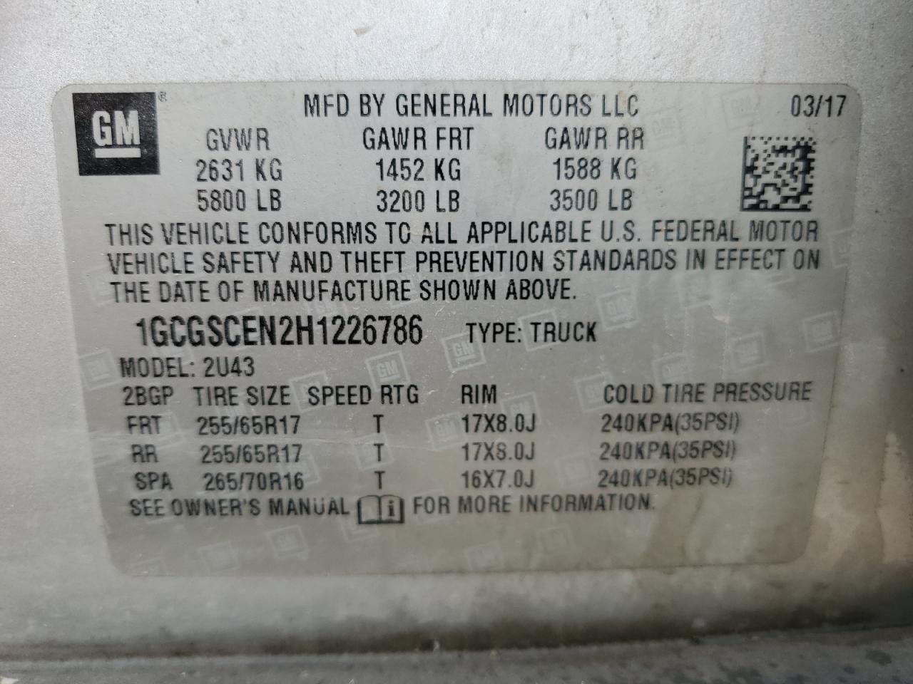 2017 Chevrolet Colorado VIN 1GCGSCEN2H1226786 Copart auction photo, front end damage thumbnail 13