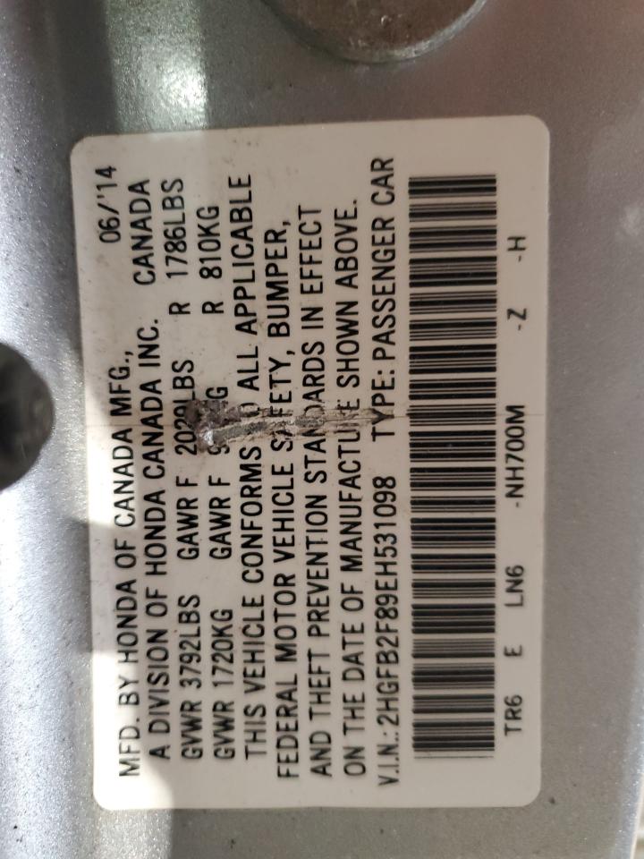 2014 Honda Civic VIN 2HGFB2F89EH531098 Copart auction photo, mechanical / minor dent/scratches damage thumbnail 12