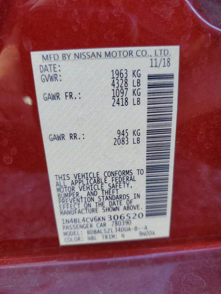 2019 Nissan Altima VIN 1N4BL4CV6KN306520 Copart auction photo, front end / side damage thumbnail 14