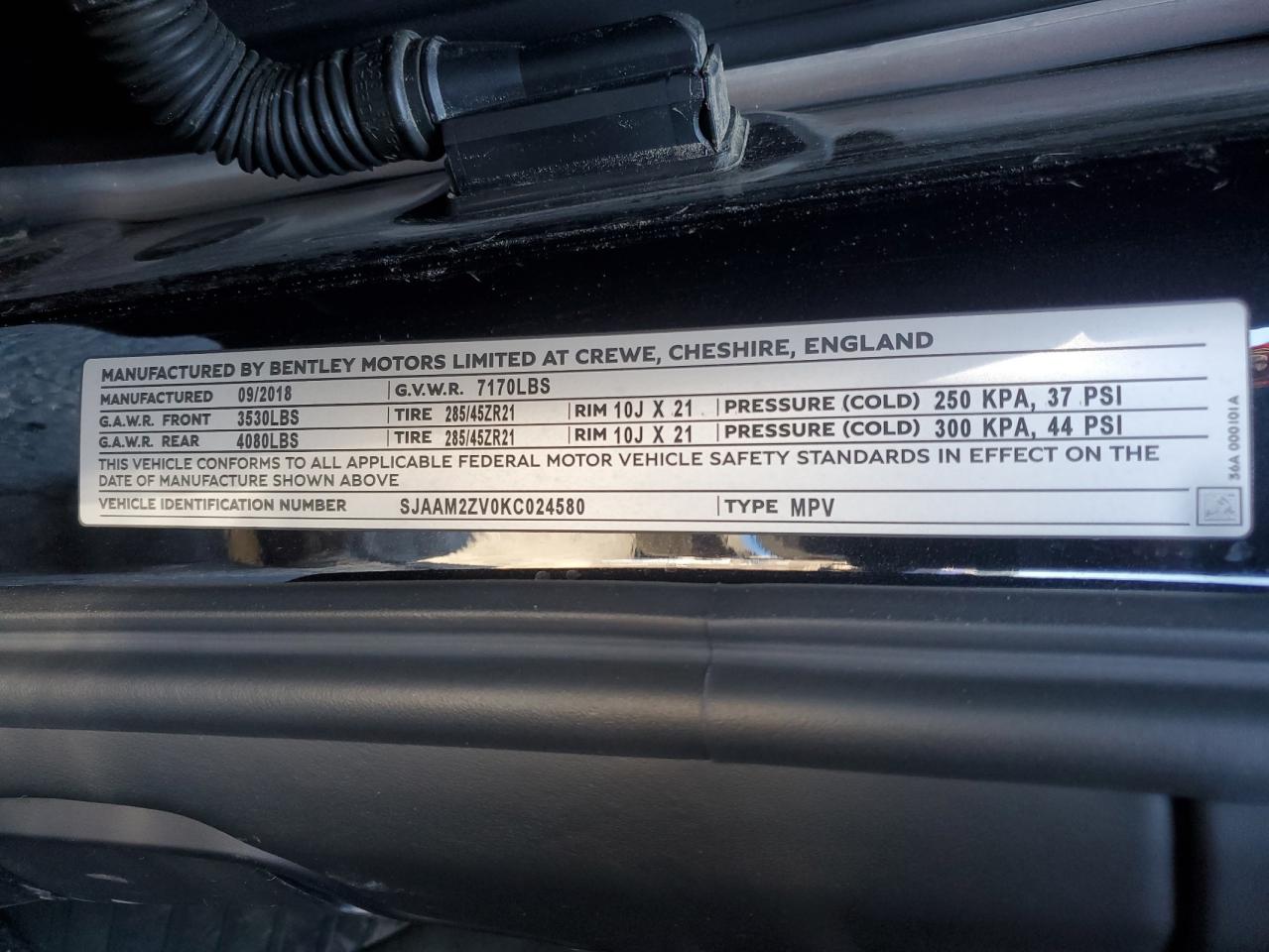 2019 Bentley Bentayga VIN SJAAM2ZV0KC024580 Copart auction photo, rear end damage thumbnail 15