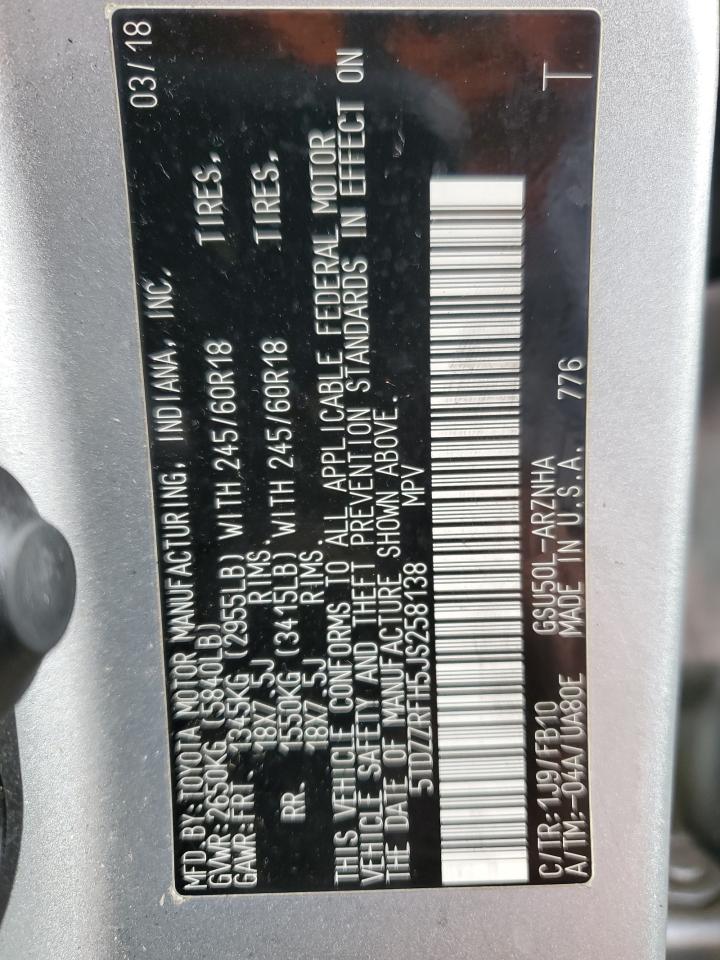 2018 Toyota Highlander VIN 5TDZZRFH5JS258138 Copart auction photo, burn - interior / side damage thumbnail 13