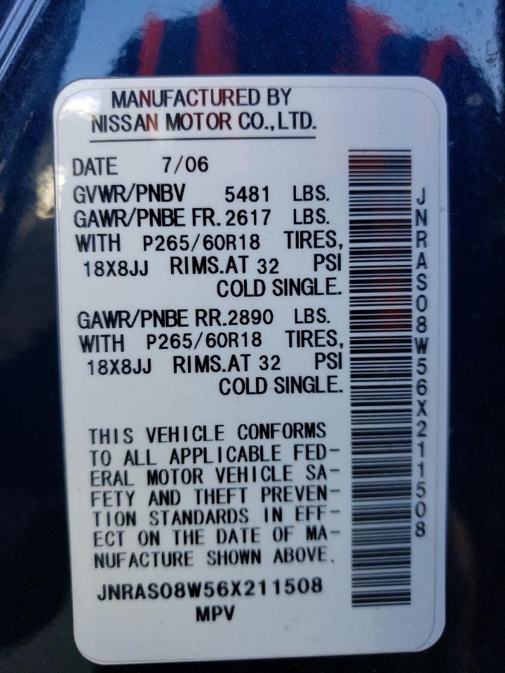 2006 Infiniti FX VIN JNRAS08W56X211508 Copart auction photo, front end / rear end damage thumbnail 14