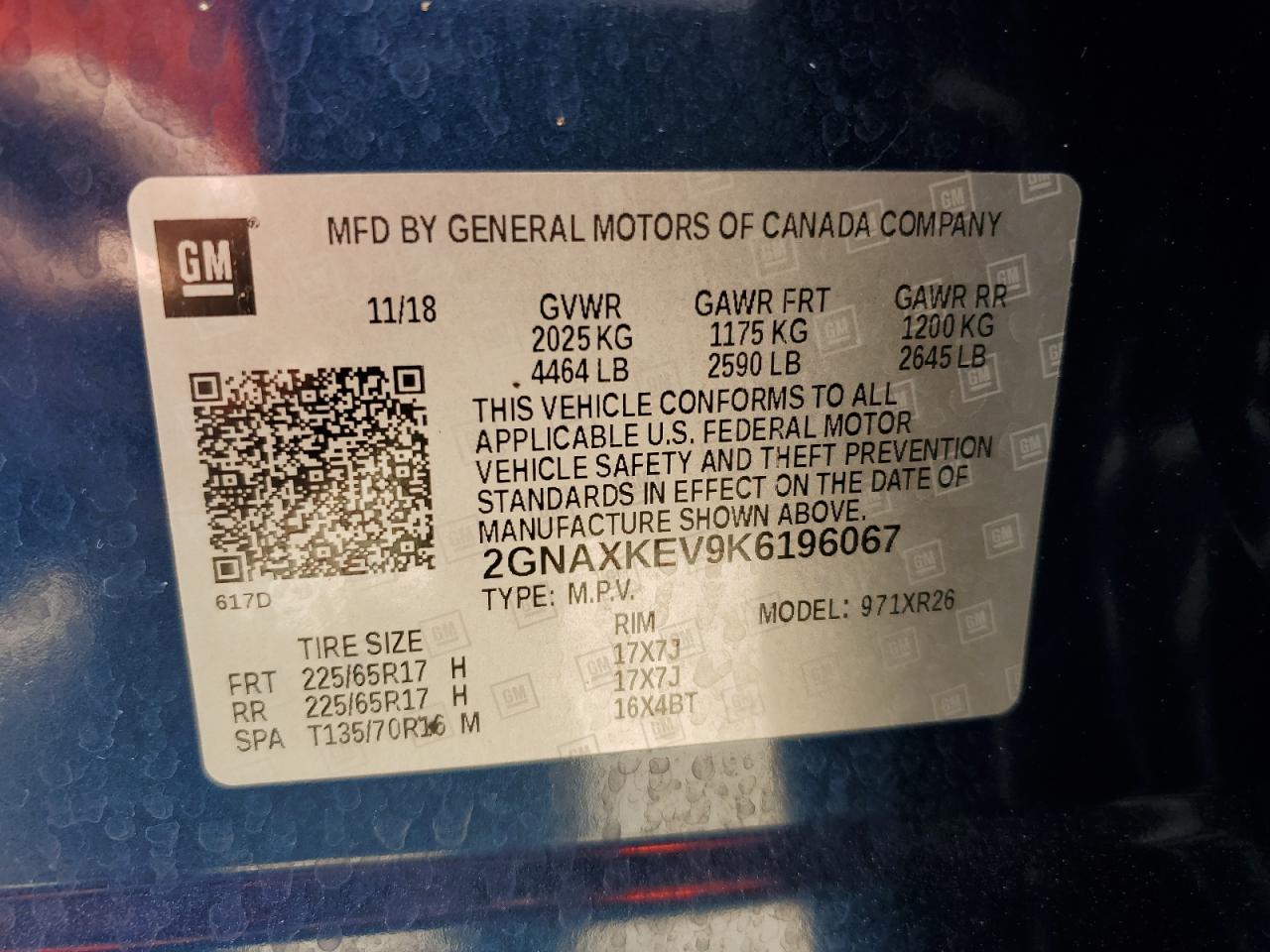 2019 Chevrolet Equinox VIN 2GNAXKEV9K6196067 Copart auction photo, front end damage thumbnail 13