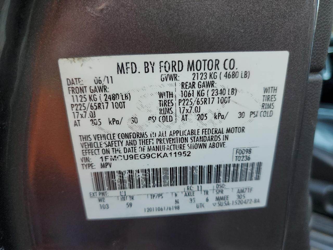 2012 Ford Escape VIN 1FMCU9EG9CKA11952 Copart auction photo, front end / minor dent/scratches damage thumbnail 13