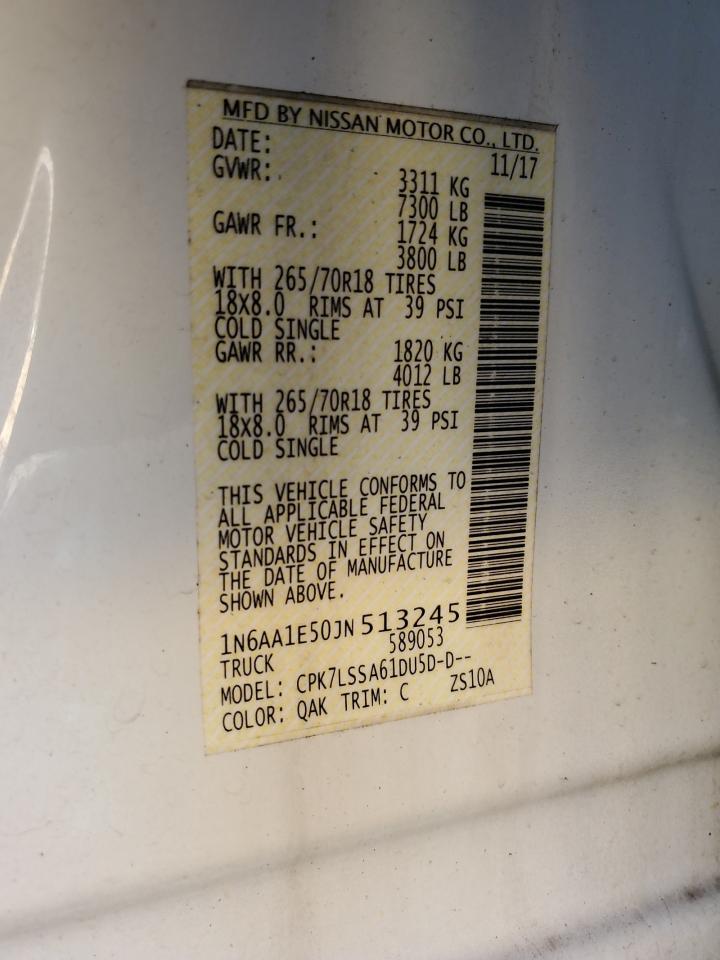 2018 Nissan Titan VIN 1N6AA1E50JN513245 Copart auction photo, front end damage thumbnail 14