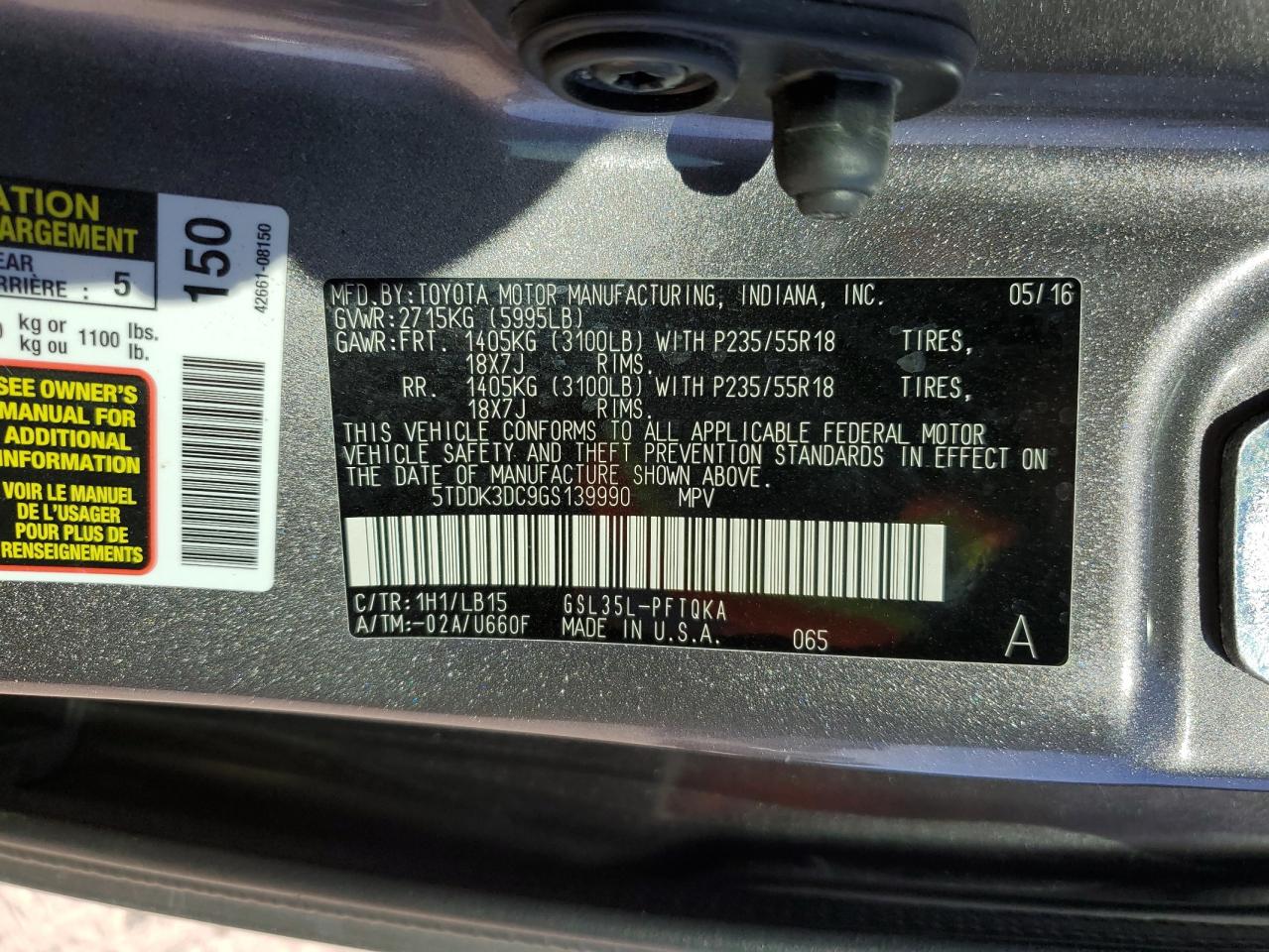 2016 Toyota Sienna VIN 5TDDK3DC9GS139990 Copart auction photo, rear end / front end damage thumbnail 13
