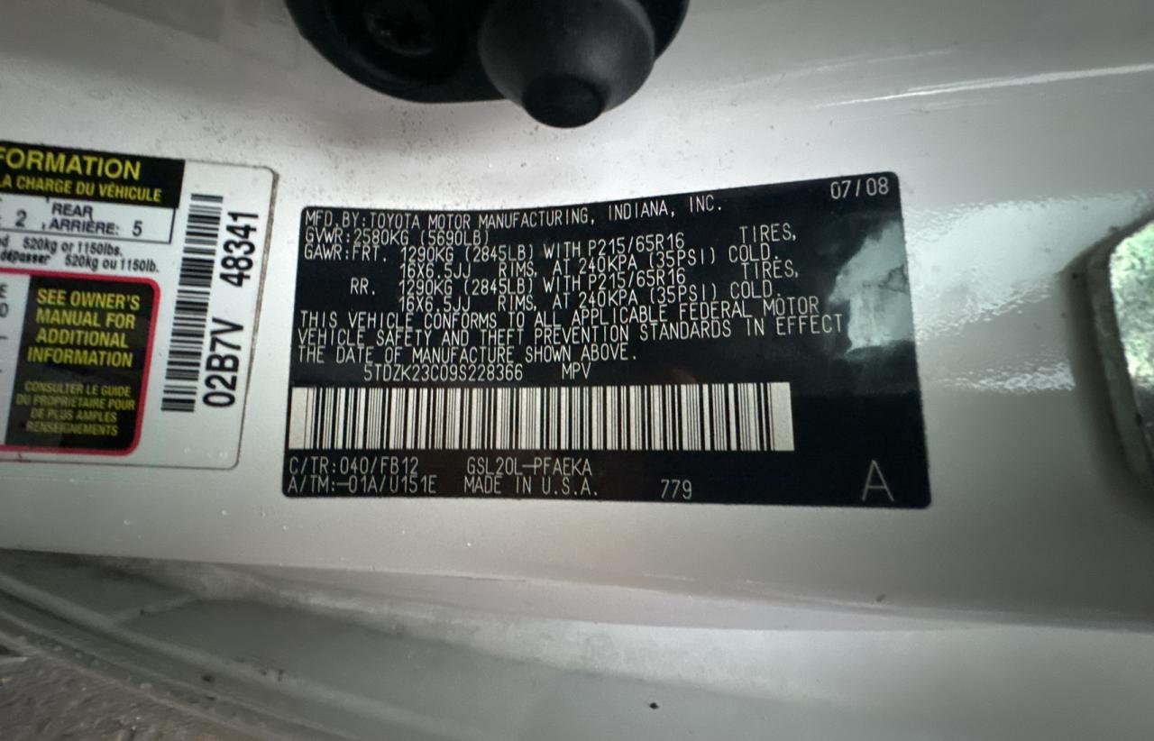 2009 Toyota Sienna VIN 5TDZK23C09S228366 Copart auction photo, normal wear damage thumbnail 10