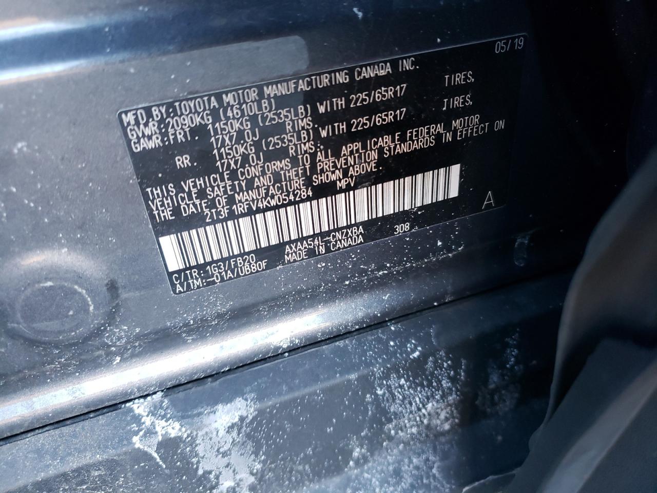 2019 Toyota RAV 4 VIN 2T3F1RFV4KW054284 Copart auction photo, front end / side damage thumbnail 12