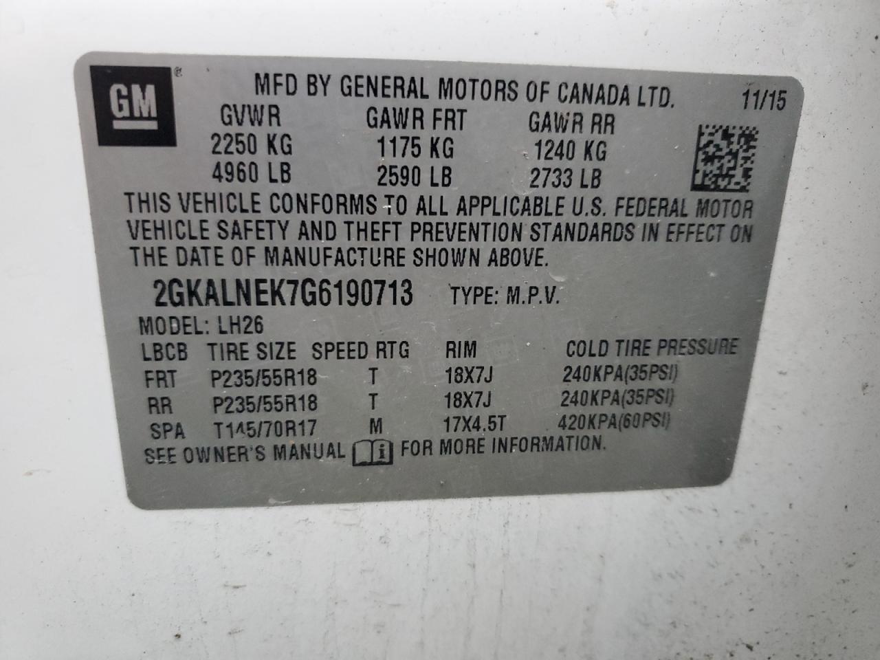 2016 GMC Terrain VIN 2GKALNEK7G6190713 Copart auction photo, front end damage thumbnail 14