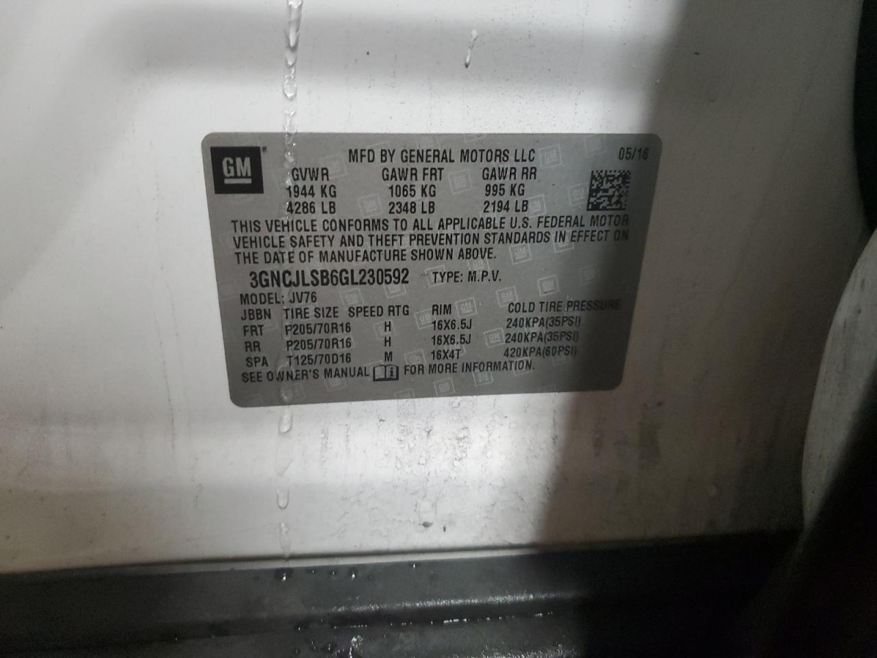 2016 Chevrolet Trax VIN 3GNCJLSB6GL230592 Copart auction photo, undercarriage damage thumbnail 13