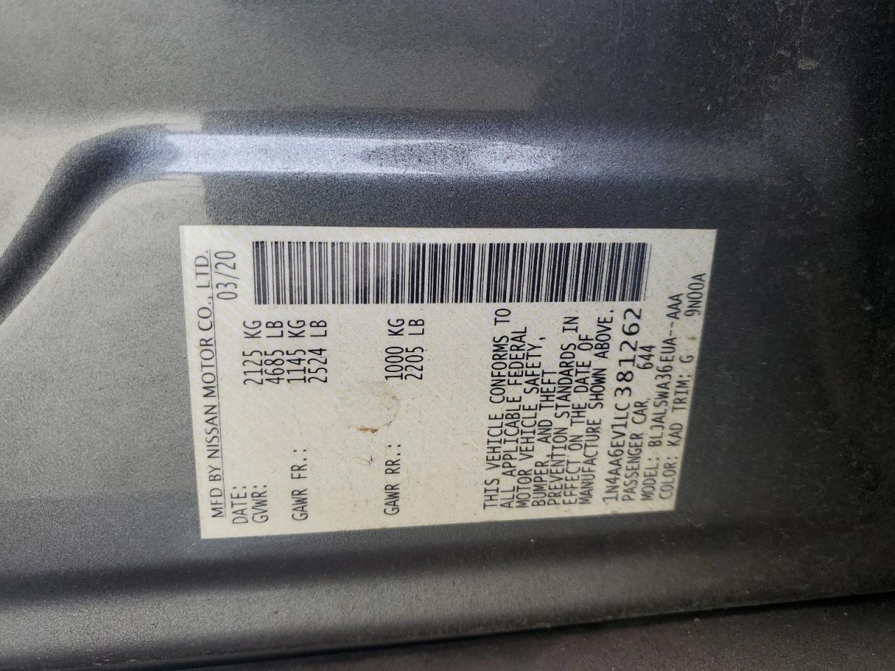 2020 Nissan Maxima VIN 1N4AA6EV1LC381262 Copart auction photo, front end / rear end damage thumbnail 13