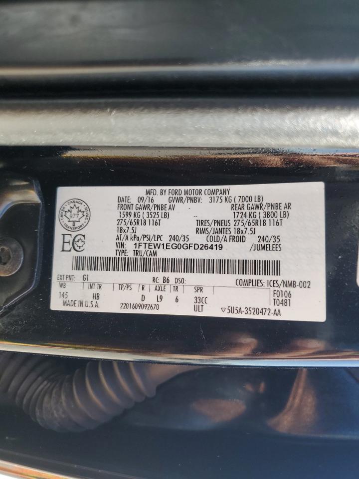 2016 Ford F-150 VIN 1FTEW1EG0GFD26419 Copart auction photo, front end / side damage thumbnail 15