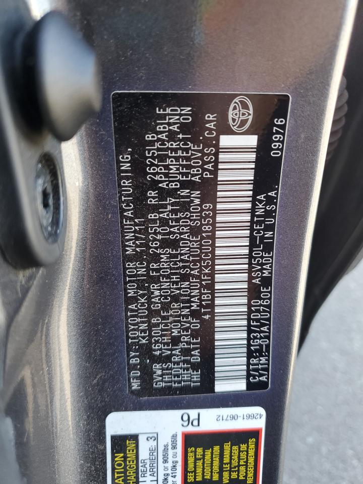 2012 Toyota Camry VIN 4T1BF1FK5CU018539 Copart auction photo, biohazard/chemical / all over damage thumbnail 12