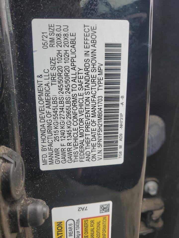 2021 Honda Pilot VIN 5FNYF5H21MB041703 Copart auction photo, front end damage thumbnail 12