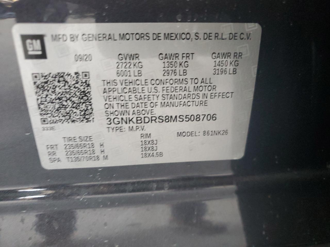 2021 Chevrolet Blazer VIN 3GNKBDRS8MS508706 Copart auction photo, top/roof damage thumbnail 13