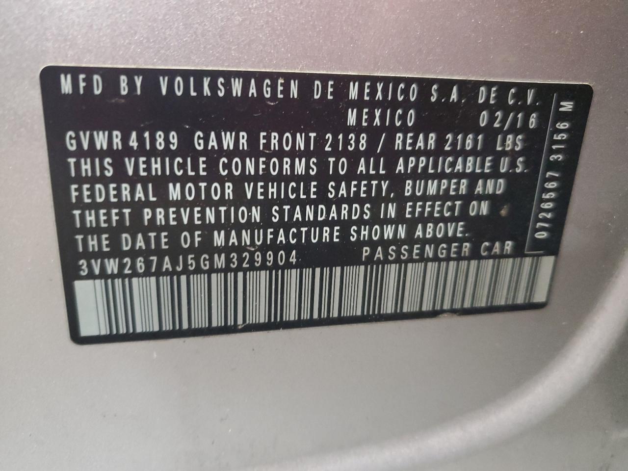 2016 Volkswagen Jetta VIN 3VW267AJ5GM329904 Copart auction photo, side / minor dent/scratches damage thumbnail 12