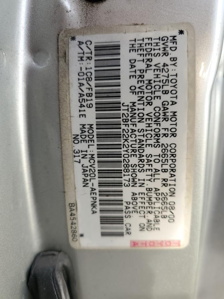 2000 Toyota Camry VIN JT2BF22K2Y0288173 Copart auction photo, rear end damage thumbnail 10