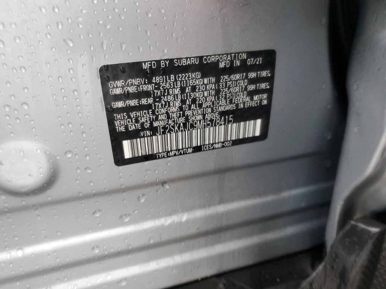 2021 Subaru Forester VIN JF2SKAJC9MH578415 Copart auction photo, all over damage thumbnail 14