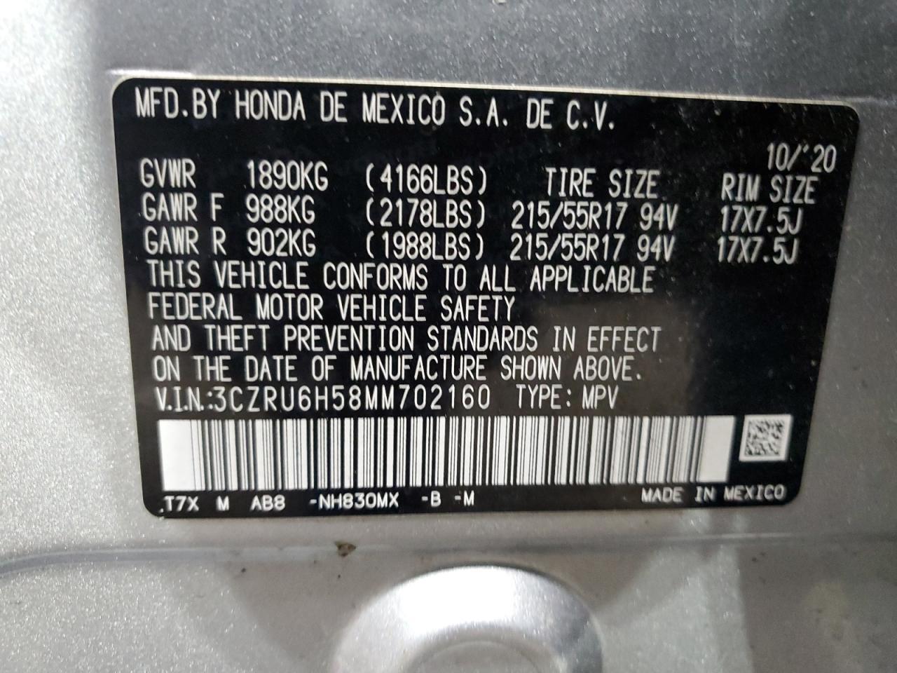 2021 Honda HR-V VIN 3CZRU6H58MM702160 Copart auction photo, front end damage thumbnail 13