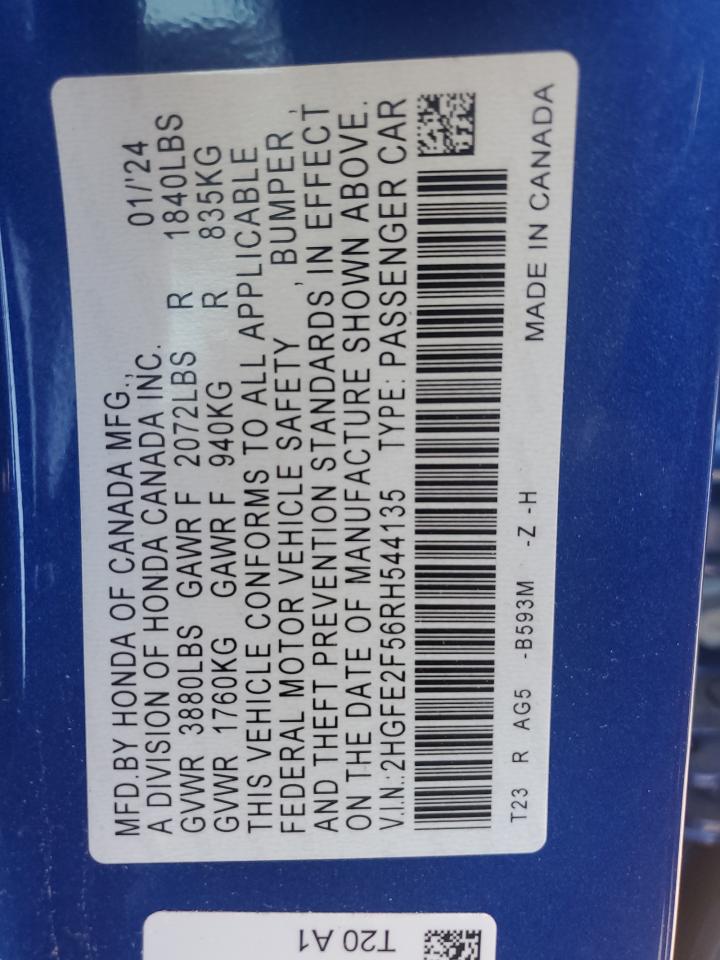 2024 Honda Civic VIN 2HGFE2F56RH544135 Copart auction photo, rear end damage thumbnail 13