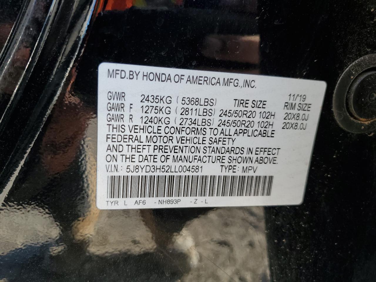 2020 Acura MDX VIN 5J8YD3H52LL004581 Copart auction photo, all over damage thumbnail 13