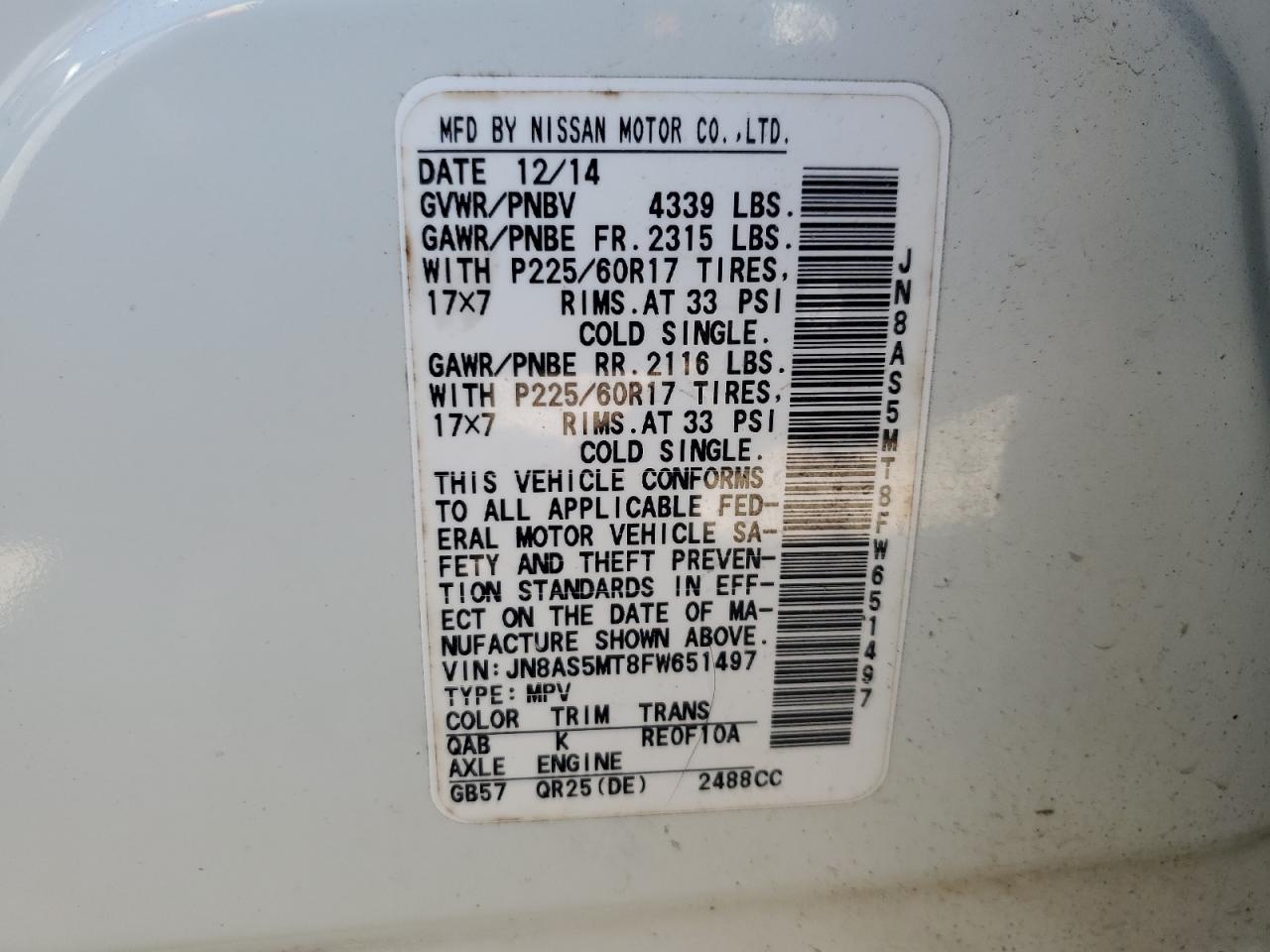 2015 Nissan Rogue VIN JN8AS5MT8FW651497 Copart auction photo, front end / minor dent/scratches damage thumbnail 13