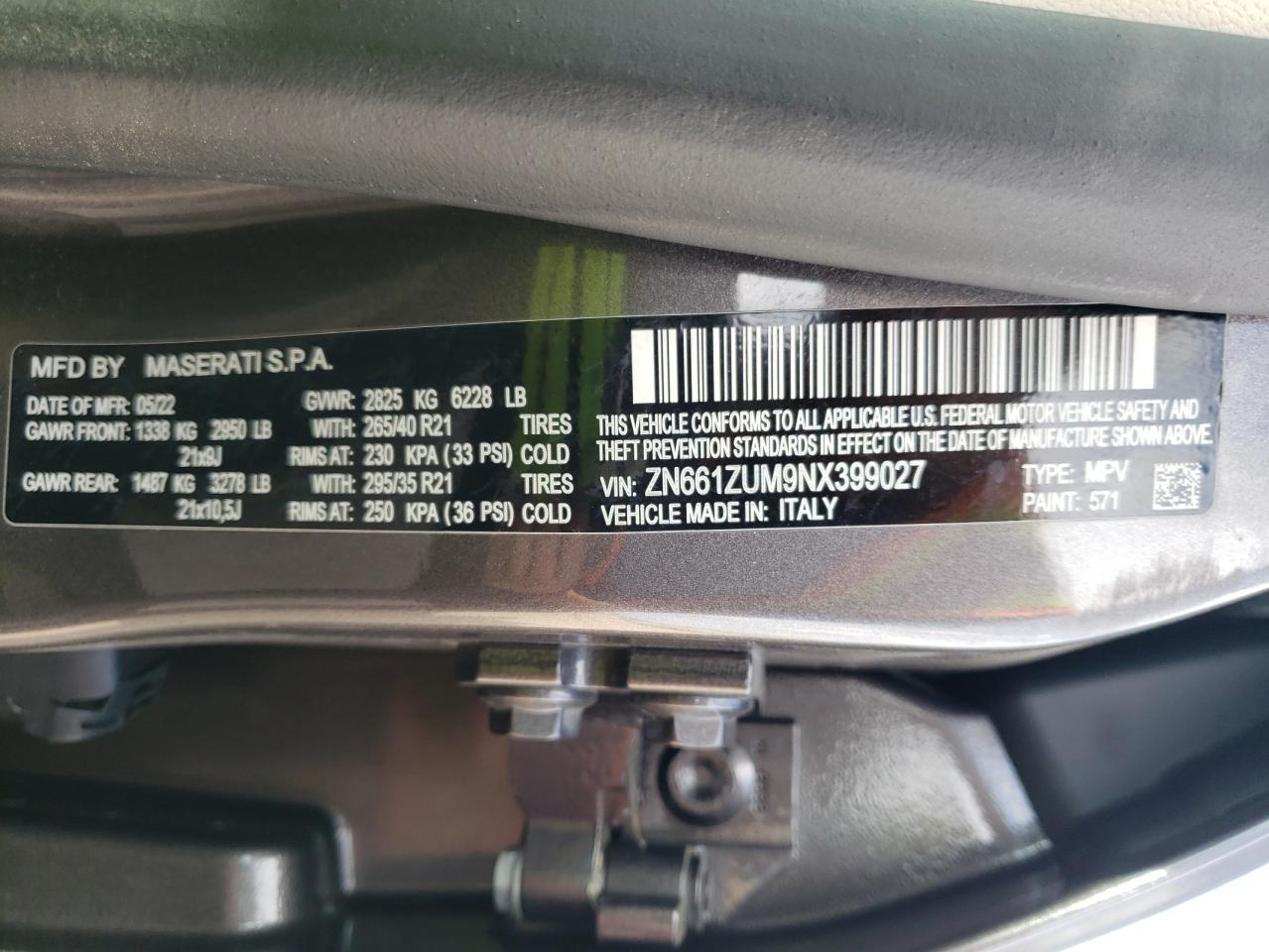 2022 Maserati Levante VIN ZN661ZUM9NX399027 Copart auction photo, side / rear end damage thumbnail 15