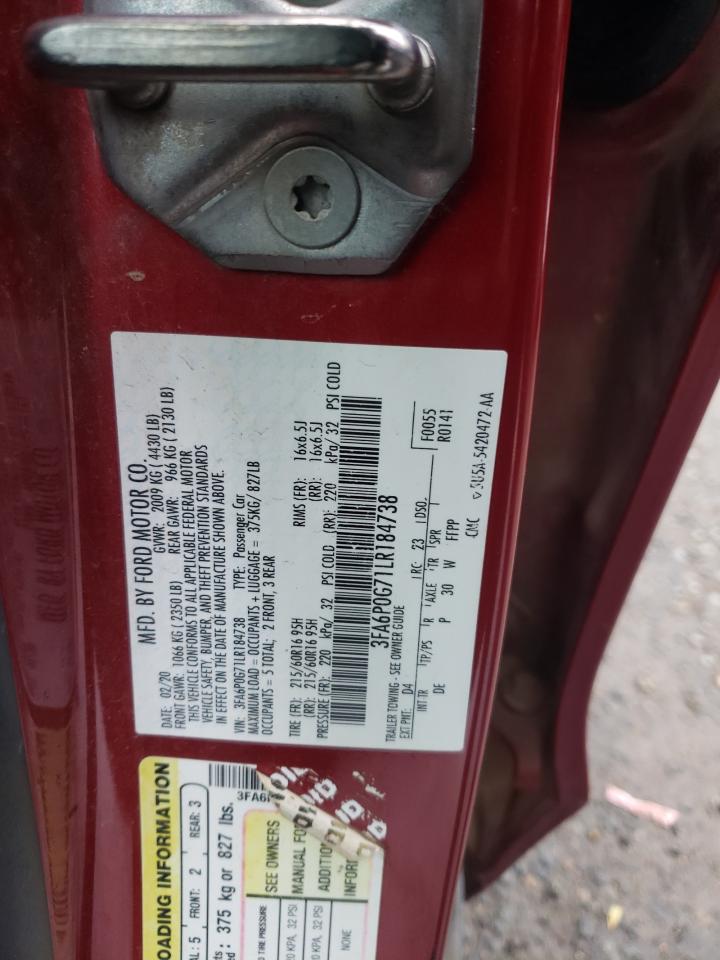 2020 Ford Fusion VIN 3FA6P0G71LR184738 Copart auction photo, front end damage thumbnail 12