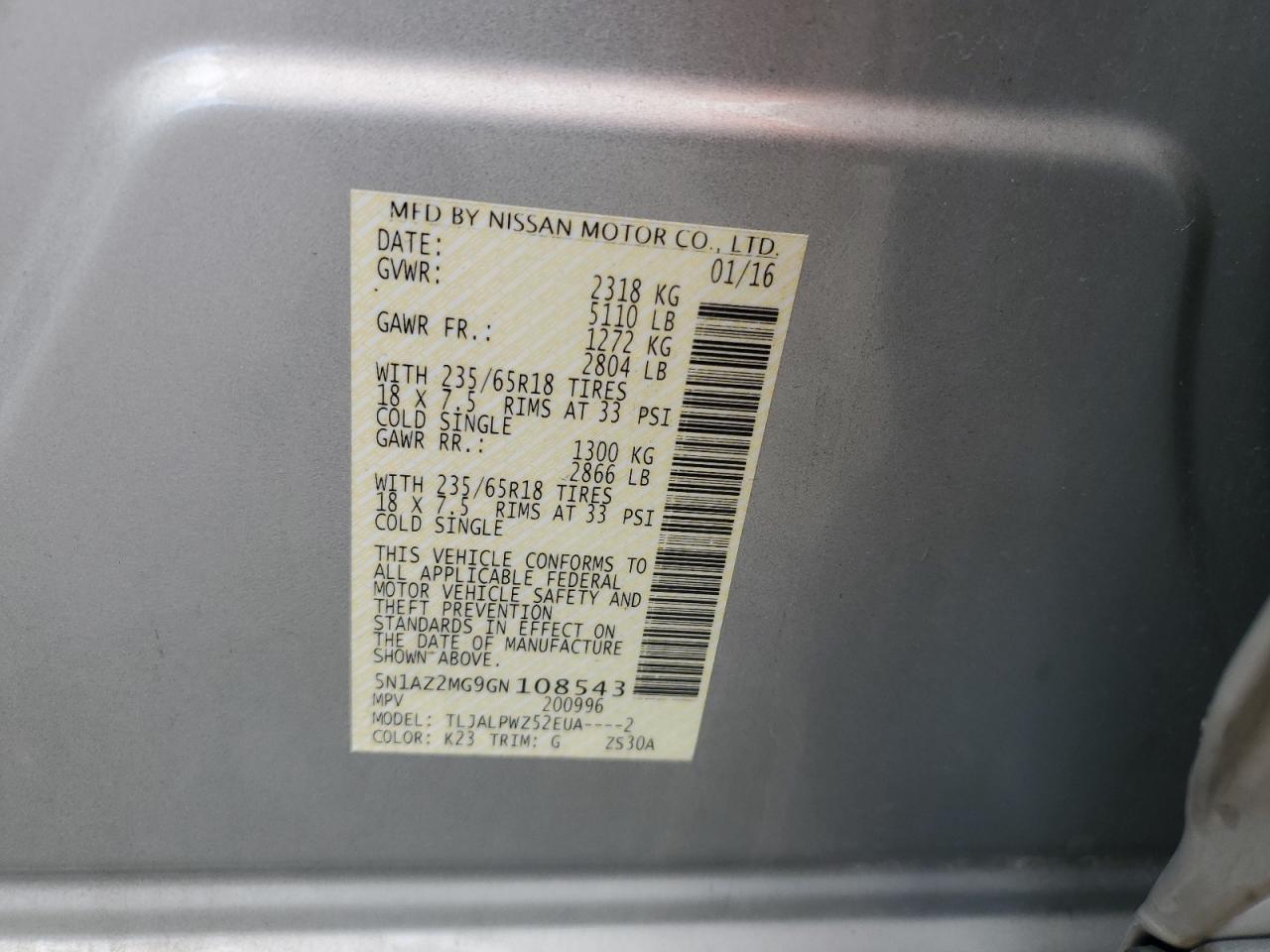 2016 Nissan Murano VIN 5N1AZ2MG9GN108543 Copart auction photo, front end / side damage thumbnail 14