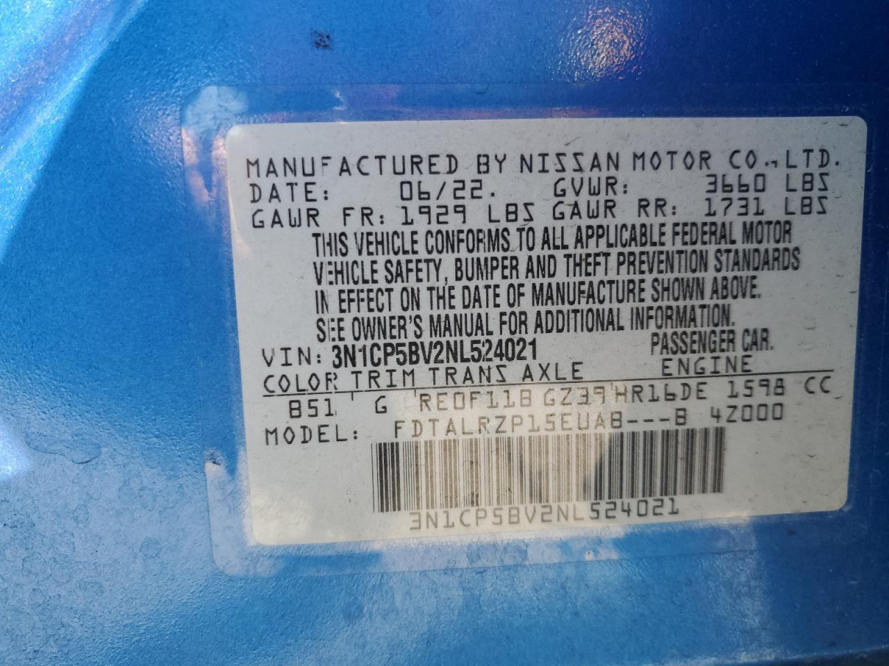 2022 Nissan Kicks VIN 3N1CP5BV2NL524021 Copart auction photo, rear end / undercarriage damage thumbnail 14